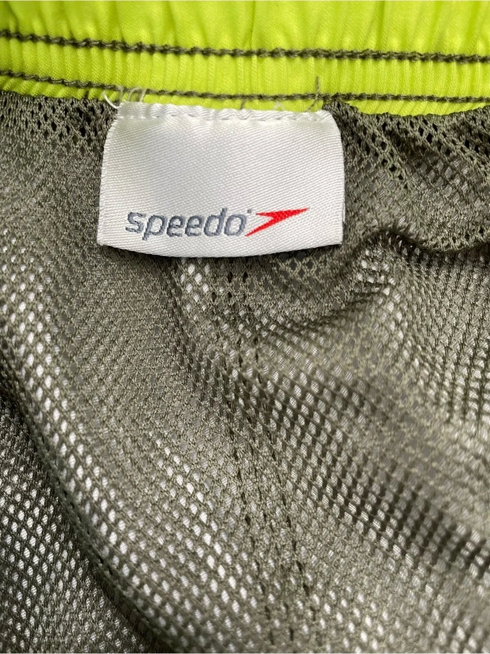 Speedo men’s swim trunk/ Board shorts. Gray yellow , white and green